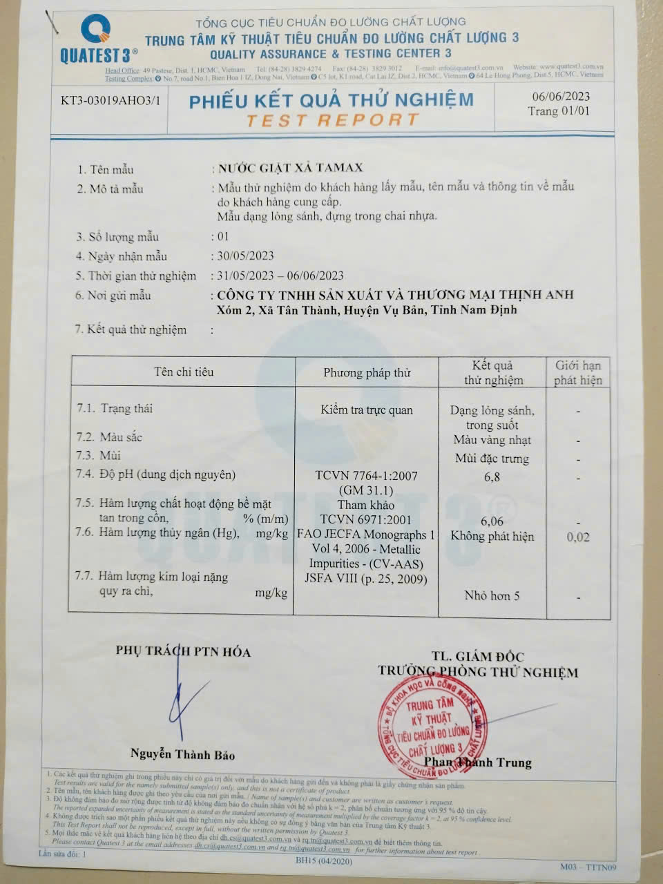 Kiểm nghiệm nước giặt TA MAX